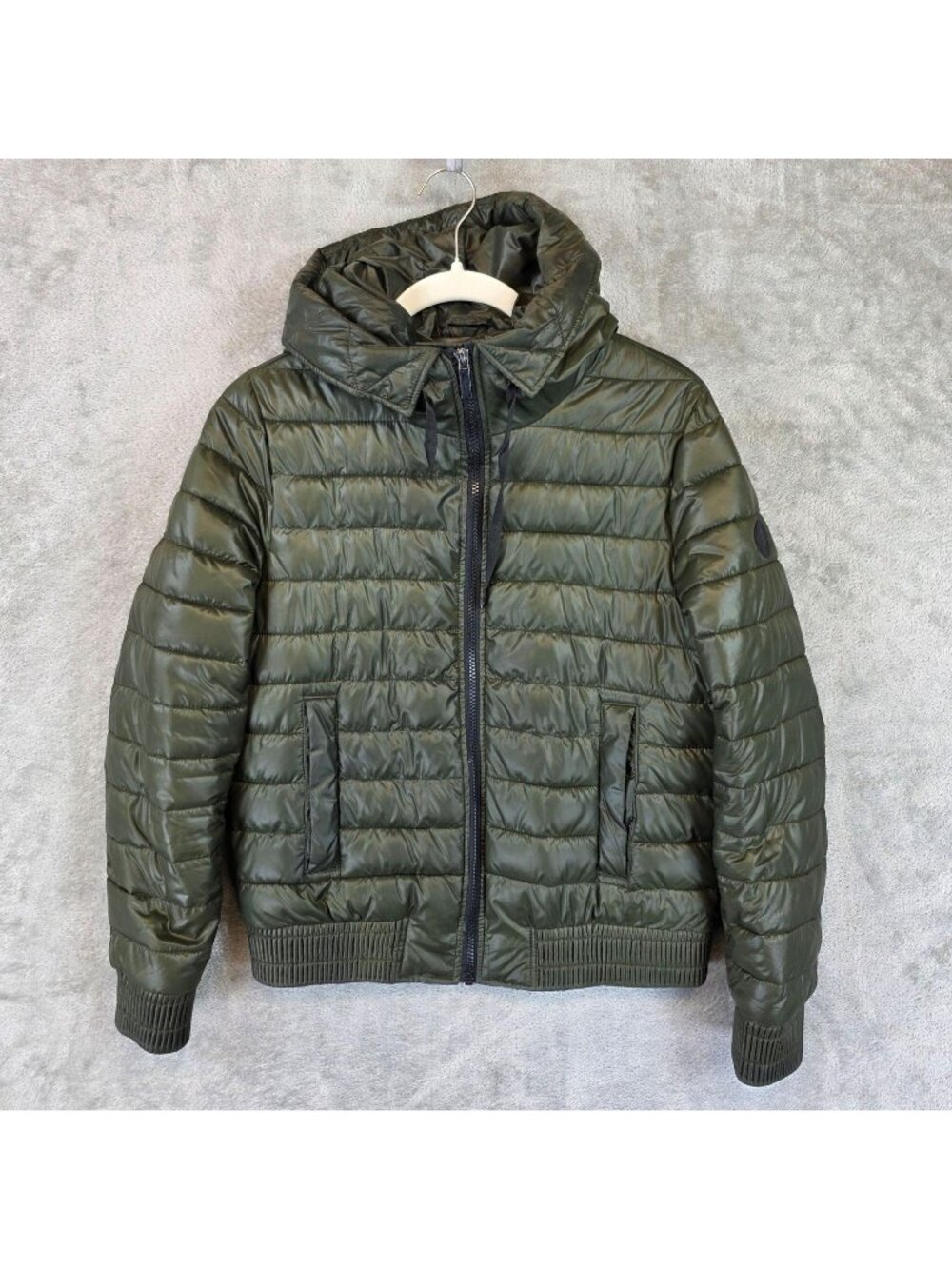 French Connection Jacket Womens M Green Hooded Puffer Full Zip Quilted Winter